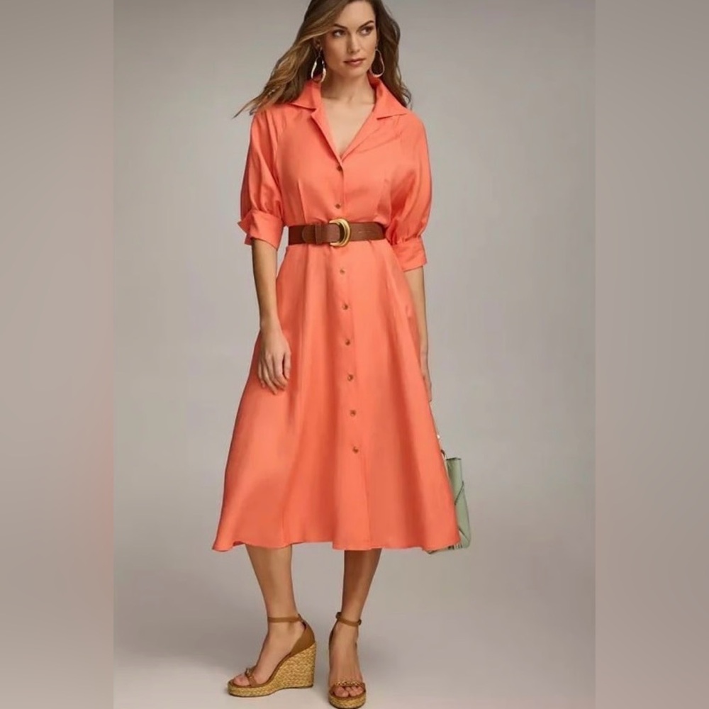 Donna Karen Midi Linen Coral Dress Size 2